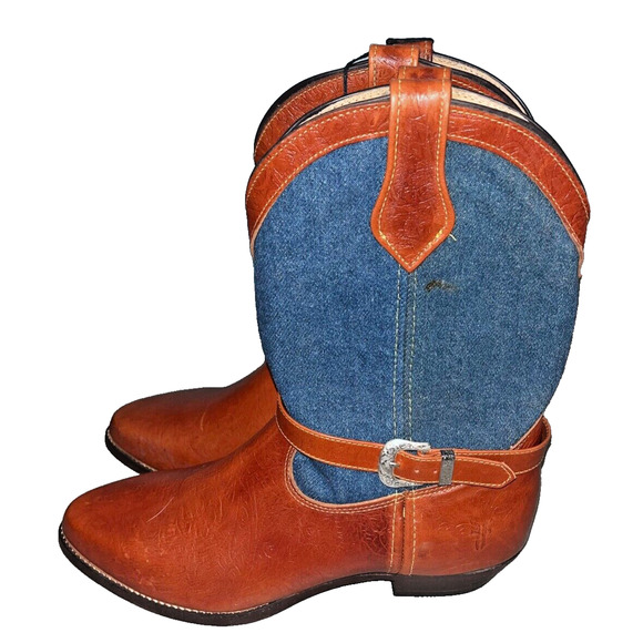 Frye Cowboy Boots Denim Brown Leather Silver Buckles Vintage Sz 8 RARE Deadstock - Picture 8 of 13